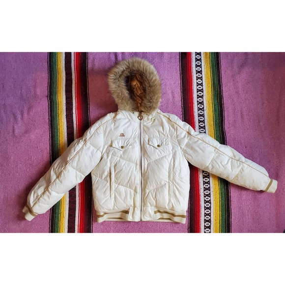JLO Jackets & Blazers - Y2K Vintage JLO Jennifer Lopez White and Gold Bomber Reversible Jacket M